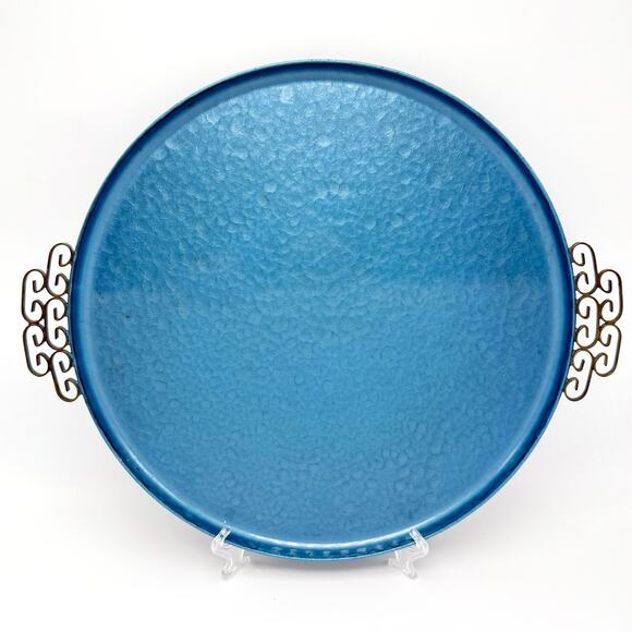 Vintage Moire Glaze Kyes Blue Serving Platter Tray with Handles 12.75” Round MCM - Picture 1 of 8